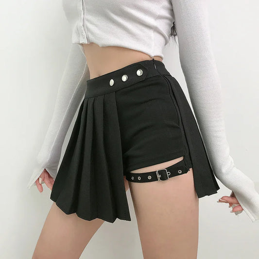 Pleated Girls Gothic Half Skirts Summer Harajuku Punk Style Plaid Irregular Skirts Women Asymmetrical High Waist Black Skirts