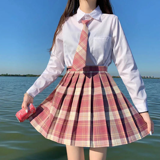 Zoki Pink Sweet Women Plaid Skirt JK Girls Preppy Dance Mini Pleated Skirt A Line Harajuku Japan School Fashion Tie Bow Skirt